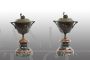 Pair of antique cassolette vases in patinated bronze and red and green marble