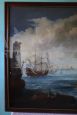 Antique painting of a coastal scene with galleons, 18th century