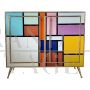 Sideboard in colored glass with illuminated mirror interior