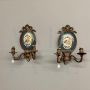 Pair of antique wall lights in bronze and painted Limoges ceramic