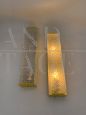 Pair of long vintage wall or ceiling lights in glass and yellow metal