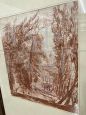 Antique painting drawing with landscape and architecture in red pencil