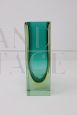 Small 1970s vase in aqua green and yellow submerged Murano glass