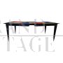 Design table in wood and multicolored glass                            