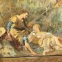 Large antique 19th century grass juice painting with gallant scene