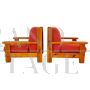 Pair of large vintage armchairs in wood and red velvet, Italy 1970s