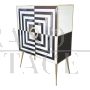 Small sideboard bar cabinet in optical black and white glass and mirror  