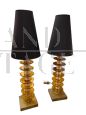 Pair of amber glass and brass table lamps    