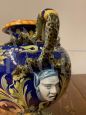 Antique Ginori trilobed majolica vase from 1860 with festoons and blue signature