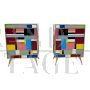 Pair of bedside tables in wood and multicolored glass