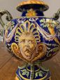 Antique Ginori trilobed majolica vase from 1860 with festoons and blue signature