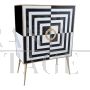 Small sideboard bar cabinet in optical black and white glass and mirror