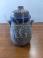 Vintage blue ceramic Rumtopf jar with lid