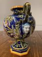 Antique Ginori trilobed majolica vase from 1860 with festoons and blue signature