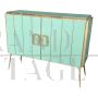 Two-door sideboard in aqua green Murano glass and brass          