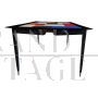 Design table in wood and multicolored glass