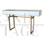 White glass and brass console with two drawers