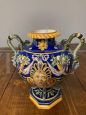 Antique Ginori trilobed majolica vase from 1860 with festoons and blue signature