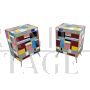 Pair of bedside tables in wood and multicolored glass