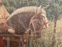 Antique fresco painting depicting nobles on horseback and castle