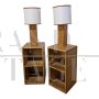 Pair of bamboo and rattan bedside tables with built-in lamps