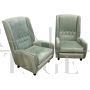 Pair of vintage style armchairs in sage green velvet                            