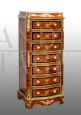 Antique Napoleon III tallboy dresser with inlays in fine woods and bronzes