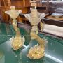 Pair of Salviati candlesticks with dolphins in golden Murano glass