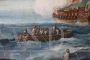 Antique painting of a coastal scene with galleons, 18th century