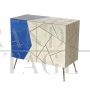 Design sideboard covered in light blue and parchment-colored glass tiles