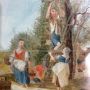 Antique pair of 18th century glass paintings with peasant scenes