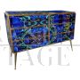 Design dresser in blue glass with lapis lazuli effect with six drawers