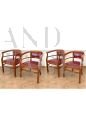 Set of 4 Art Deco tub chairs in wood and burgundy skai, Italy 1940s