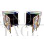 Pair of bedside tables in wood and multicolored glass