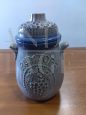 Vintage blue ceramic Rumtopf jar with lid