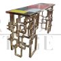 Double-sided console in golden steel with multicolored Murano glass top