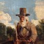 Antique oil painting with a beggar character, 19th century                            