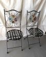 Pair of vintage folding garden chairs in iron and ceramic      