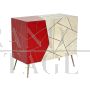 Design sideboard covered in red and parchment-colored glass