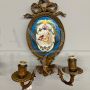 Pair of antique wall lights in bronze and painted Limoges ceramic