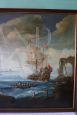 Antique painting of a coastal scene with galleons, 18th century