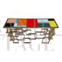 Double-sided console in golden steel with multicolored Murano glass top