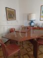 Extendable square table in solid walnut + 4 leather chairs, Italy 1970s