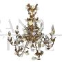 Golden wrought iron chandelier with porcelain roses, Italy early 1900s