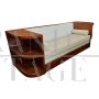 Art deco sofa in wood and white eco-leather with open shelves