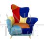 Pair of asymmetric design armchairs in multicolored velvet