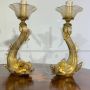 Pair of Salviati candlesticks with dolphins in golden Murano glass