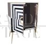 Small sideboard bar cabinet in optical black and white glass and mirror