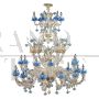 Rezzonico style chandelier in Murano glass with light blue flowers