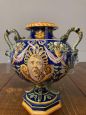 Antique Ginori trilobed majolica vase from 1860 with festoons and blue signature